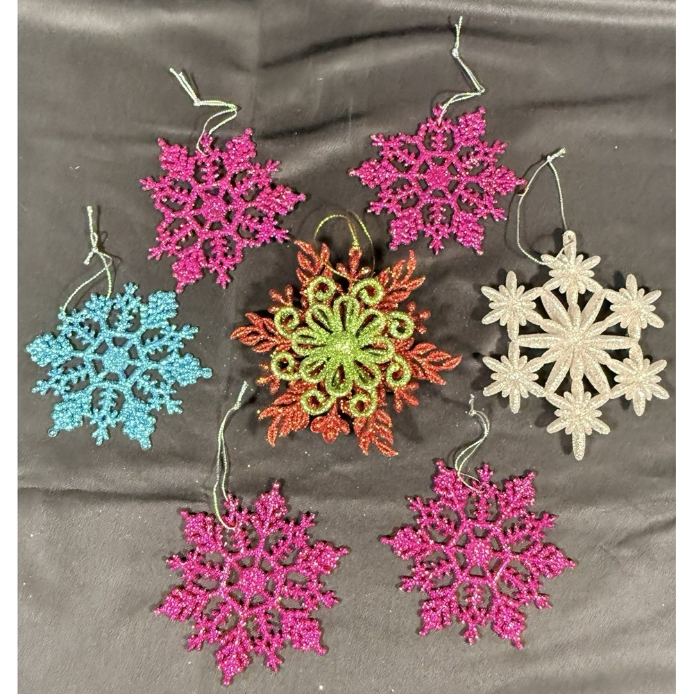 Snowflake Ornaments Multicolor Glitter Holiday Decor Lot 7